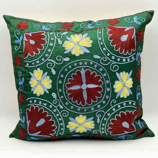 Suzani Silk Pillow Cover Handmade Cushion Cover - Green Corners Carnations