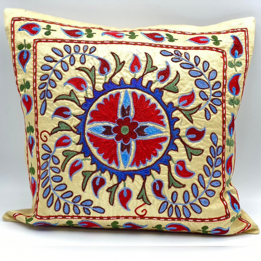 Suzani Silk Pillow Cover Handmade Cushion Cover - Golden Carnation 2