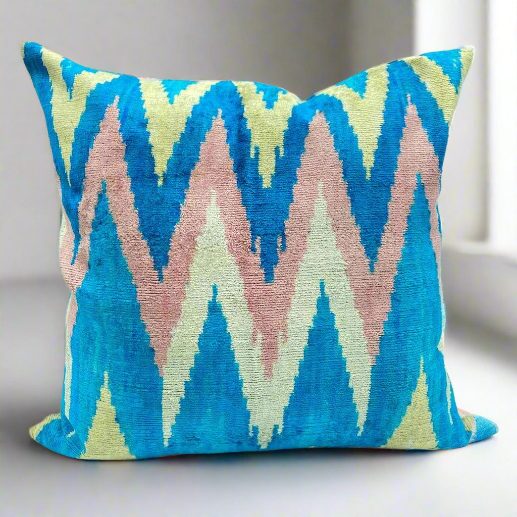 IKAT Silk Back Pillow Cover 50x50CM - Zag Pink Turquoise