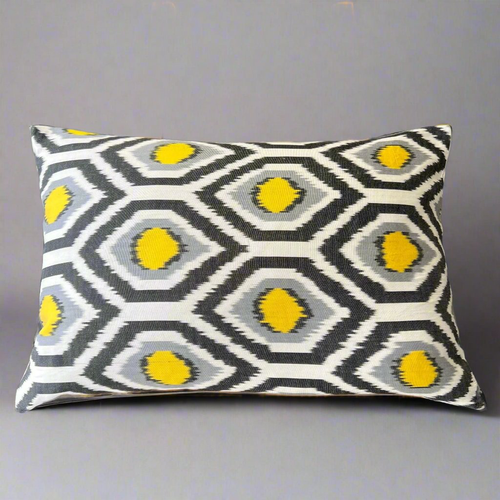 Velvet Double IKAT Silk Back Cushion 60x40 CM - Yellow Gray