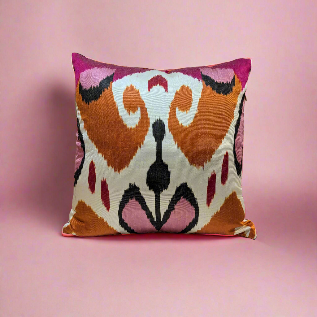 IKAT Silk Back Pillow Cover 40x40 CM - Pink Orange Hearts