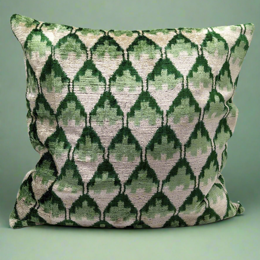 Velvet Silk Square Cushion Big 50x50CM IKAT Silk Back - Green Leafs