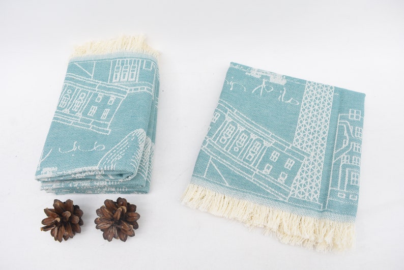 Mint Hand Tea Towel Organic Turkish Cotton Scene Patterned Tea Towel - 75 CM X 50 CM