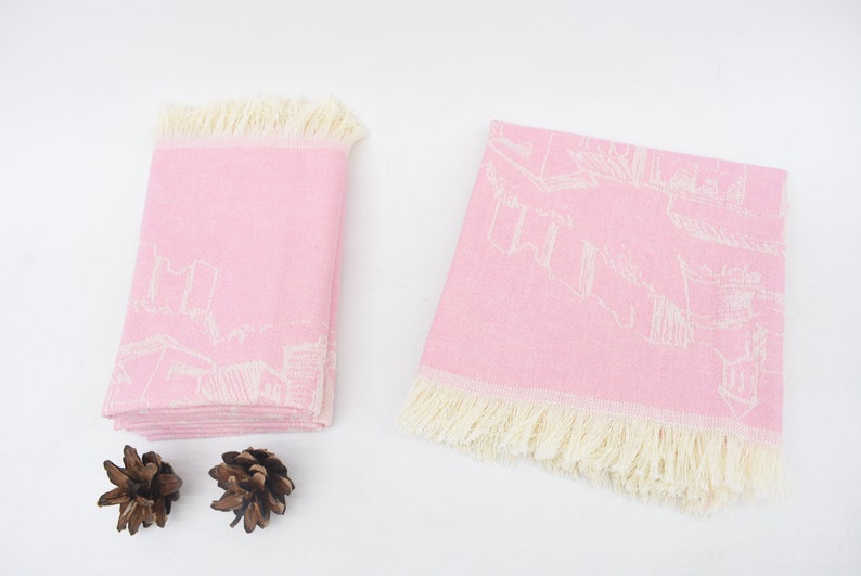 Pink Hand Tea Towel Organic Turkish Cotton Scene Patterned Tea Towel - 75 CM X 50 CM