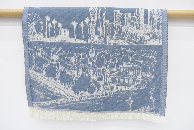 Blue Hand Tea Towel Organic Turkish Cotton Scene Patterned Tea Towel - 75 CM X 50 CM