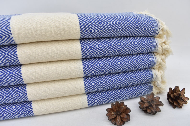 Blue Bath & Hand Diamonds Towel Organic Turkish Cotton - 70" X 40" - 36" X 20"