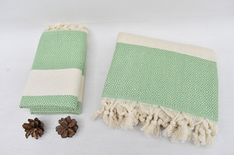 Pistachio Bath & Hand Diamonds Towel Organic Turkish Cotton - 70" X 40" - 36" X 20"