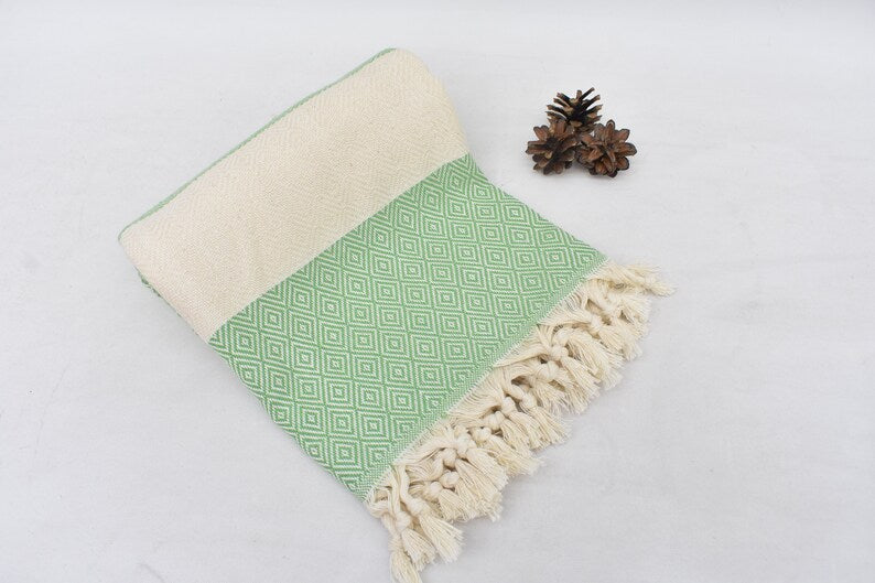 Pistachio Bath & Hand Diamonds Towel Organic Turkish Cotton - 70" X 40" - 36" X 20"