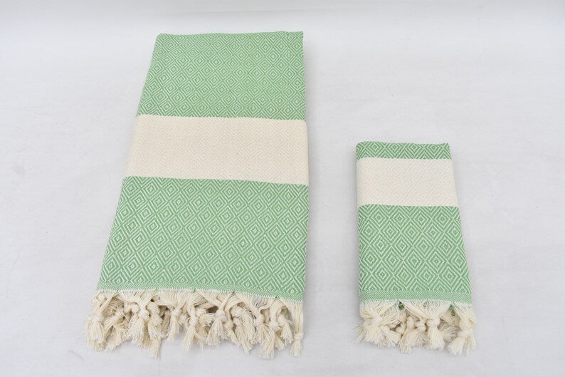 Pistachio Bath & Hand Diamonds Towel Organic Turkish Cotton - 70" X 40" - 36" X 20"