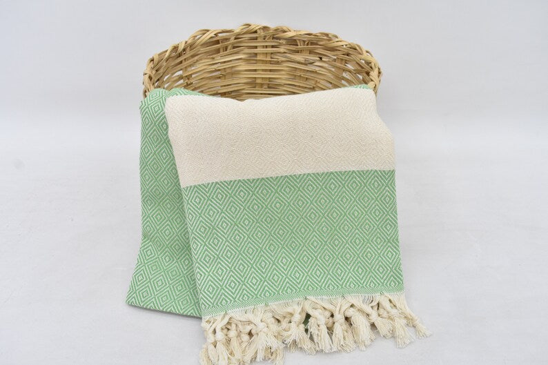 Pistachio Bath & Hand Diamonds Towel Organic Turkish Cotton - 70" X 40" - 36" X 20"