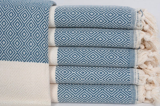 Diamond Teal Bath & Hand Towel Organic Turkish Cotton - 70" X 40" - 36" X 20"