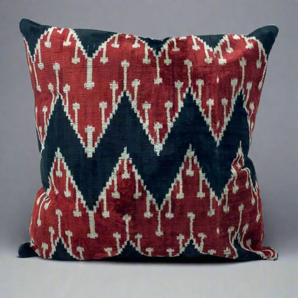 red black zigzag ikat velvet cushion cover